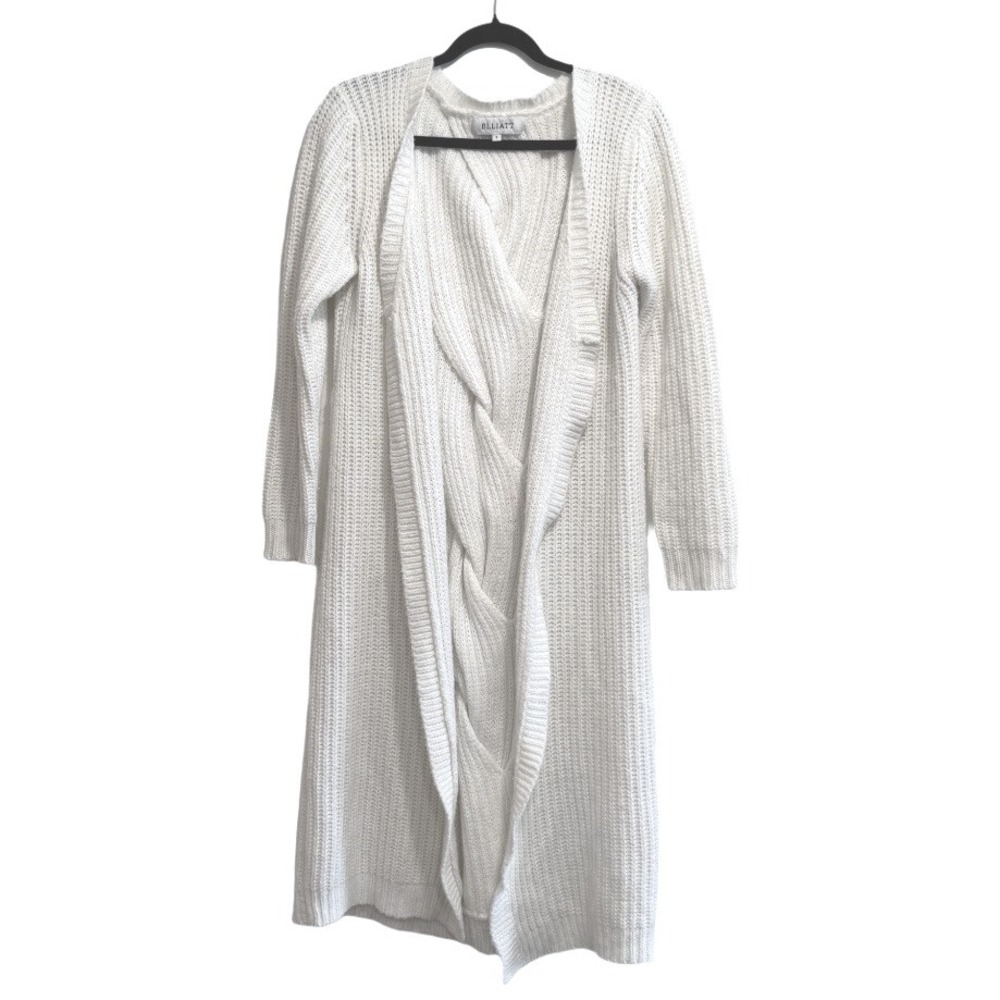 Elliatt Long‎ Duster Cardigan Open Front Cable Chunky Knit Cream Sweater S Warm